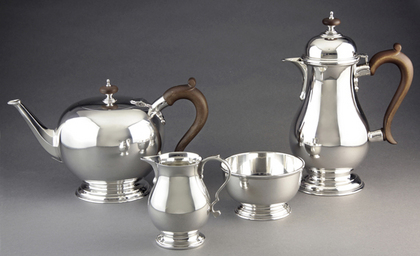 Early Georgian Reproduction Silver Tea Set - Bullet Teapot, Hot Water Jug, Sparrow Beak Milk Jug, Sugarbowl